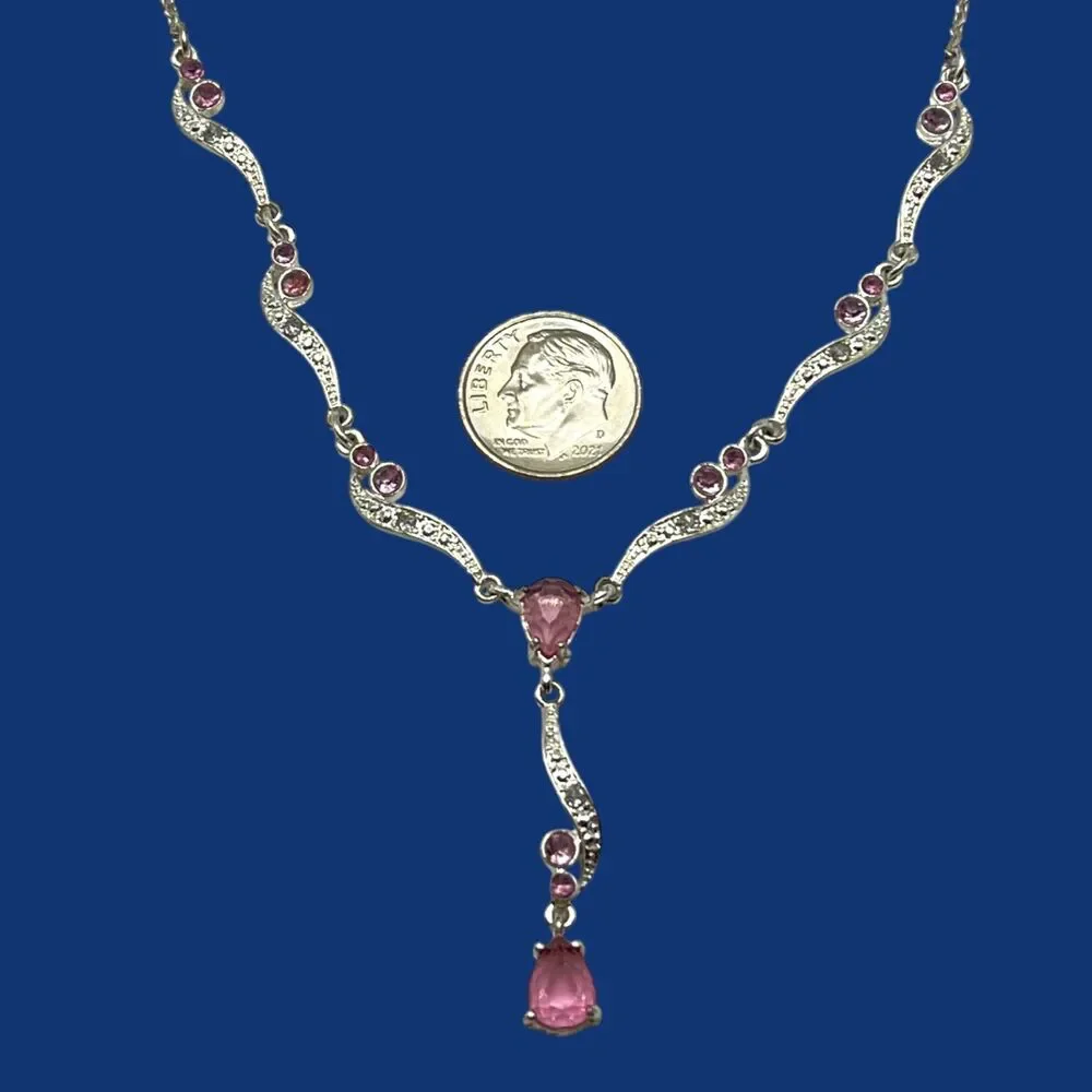 Nina Ricci NR Necklace Pink Pear Rhinestone Silver Tone Y Drop Feminine 20